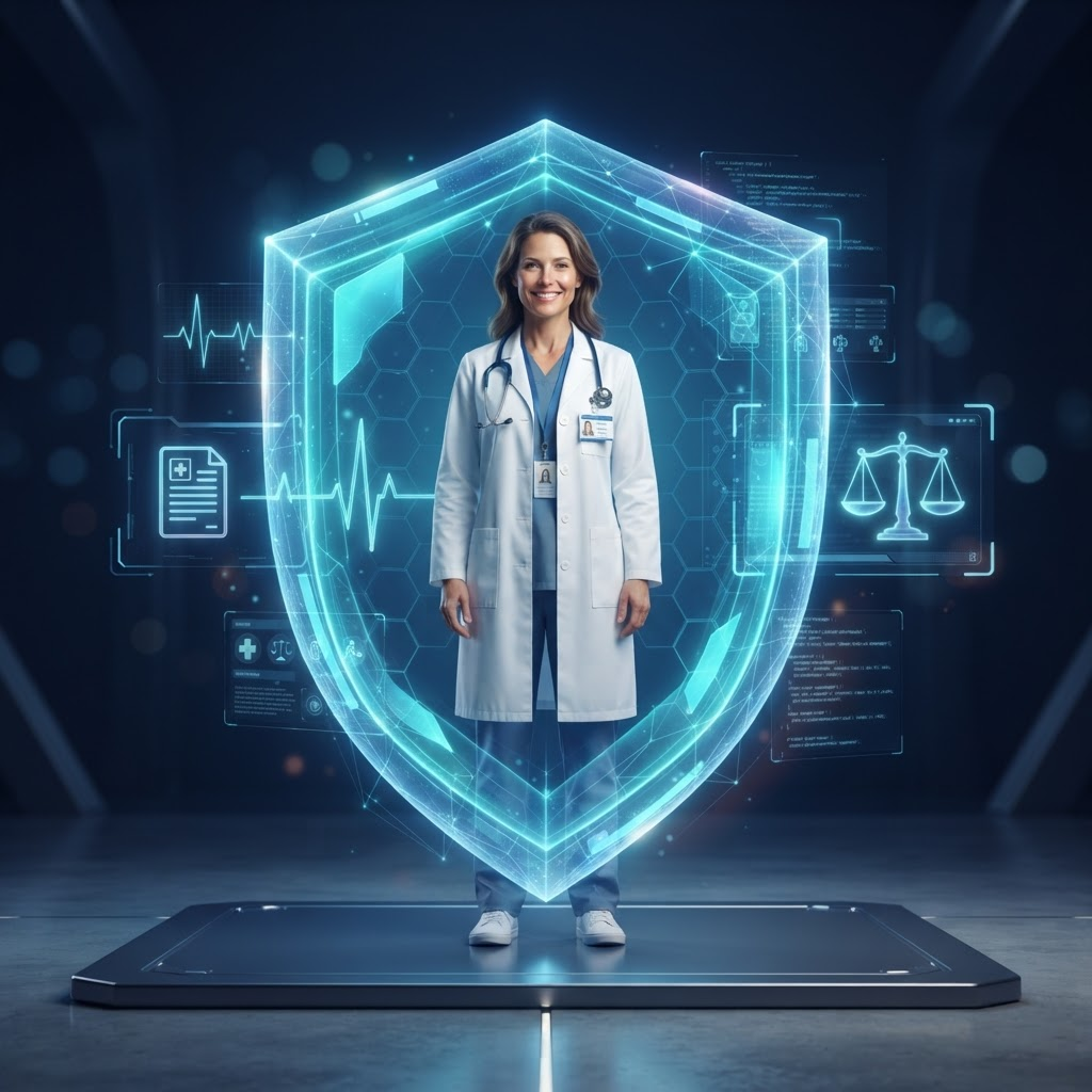 A doctor protected inside a glowing digital legal shield with an AI-powered healthcare interface