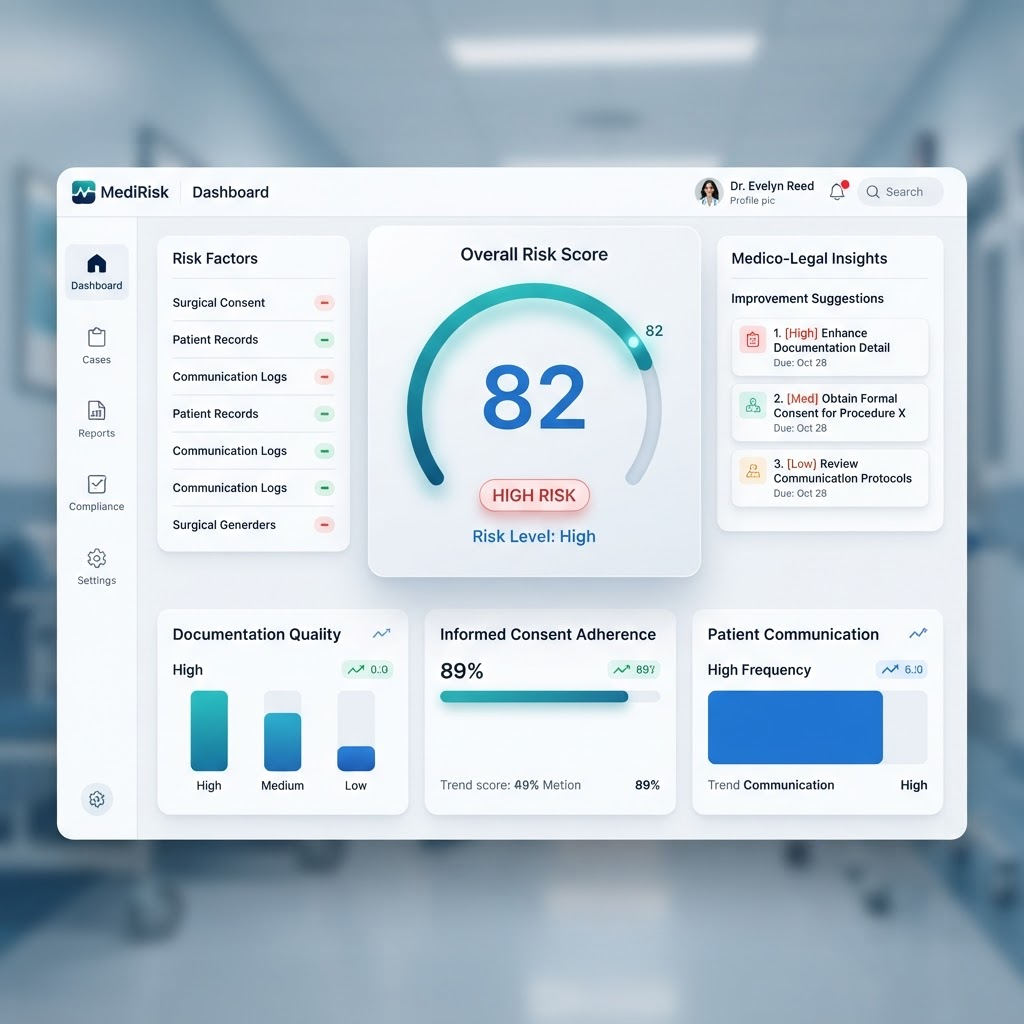 Medico-legal risk score dashboard showing a risk gauge, category breakdowns, and improvement suggestions
